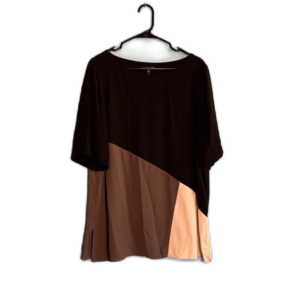 Eileen Fisher Color-Block Short Sleeves Silk Georgette Crepe Blouse Top Size L